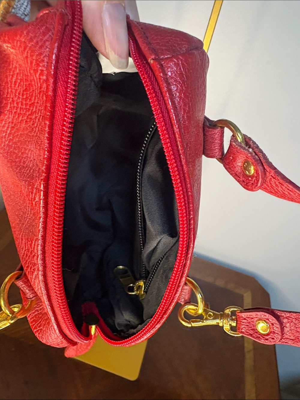 Micro Red Leather Satchel Handbag with Gold Hardware - Picture 5 of 5